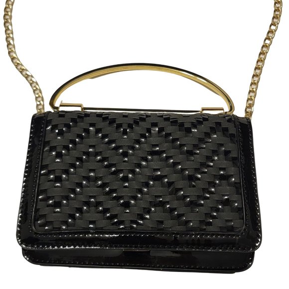 BCBGeneration Shiny Black Evening/Clutch Purse with Strap & Gold Metal Handle - Picture 2 of 10